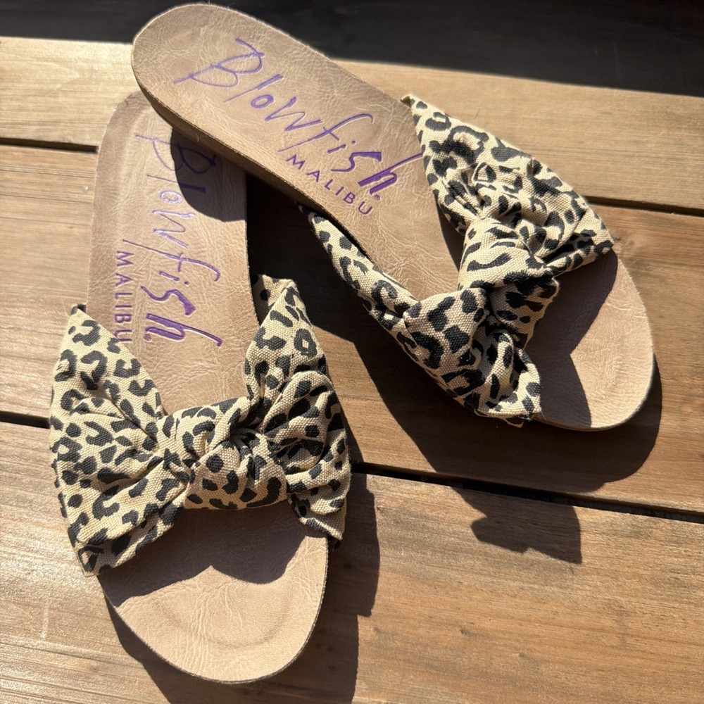 Blowfish Women's Animal Print Bow Slide Sandals Cotton Blend Slip-On Size 6.5